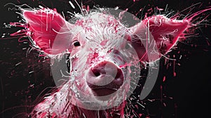 A close up of a pig with pink paint splattered on it, AI