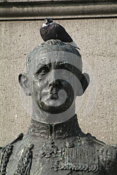 Close-up of a pigeon seated on the bust of Andrew Browne Cunningham, Trafalgar Square