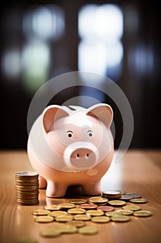 Close up of piggy bank and coins on wooden surface