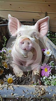 Close-up of a piglet in muddy water with flowers