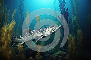 close-up of a pike fish hiding among underwater plants