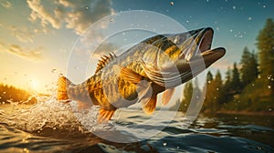 Close up of pike perch fish jumping from the water with bursts in high mountain clean lake or river, at sunset or dawn,