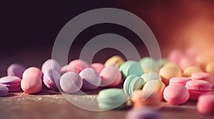 a close up of a pile of candy corn on a table with a blurry background of candy corn on the table and on the floor