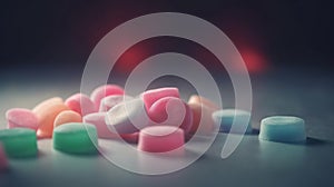 a close up of a pile of candy hearts on a table