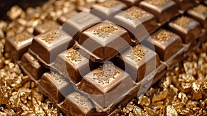 A close up of a pile of chocolate bars on top of gold, AI