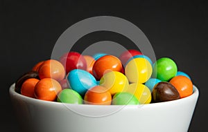 Close up of a pile of colorful chocolate coated candy, chocolate background photo