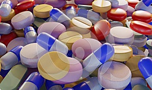 close-up of a pile of colorful pills and capsules