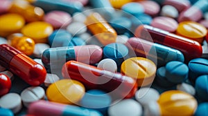 A close up of a pile of colorful pills and capsules, AI