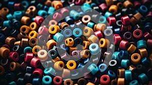 A close up of a pile of colorful plastic beads, AI