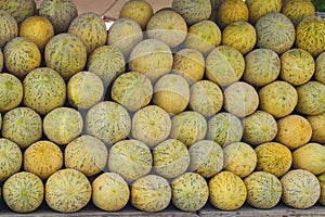 Close up of pile of delicious melons in a market