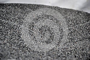 Close up of a pile of fresh harvested poppy seeds spread in bowl, ready for drying, macro photo. Ingredient for baking