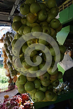 Close up of pile of fresh local green apples in fruit basket hanging on traditional fruit shop for sale