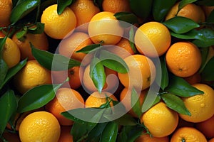 Close-up of a pile of fresh oranges with leaves. Generative AI