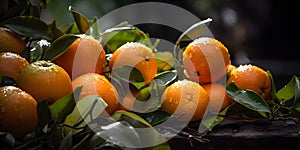 close-up of a pile of freshly picked oranges still covere generative AI