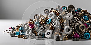 A close up of a pile of gears and other metal objects.