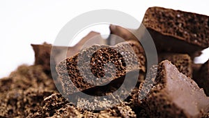 Close-up of a pile of grated porous chocolate for confectionery