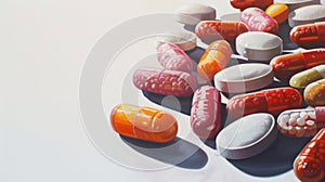 A close up of a pile of pills and capsules on the table, AI