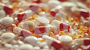 A close up of a pile of pills and capsules on the table, AI