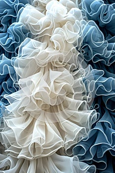 A close up of a pile of white and blue ruffles, AI