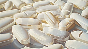 A close up of a pile of white pills on top of each other, AI