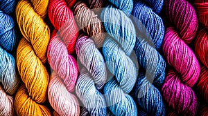 A close up of a bunch of yarns in different colors, AI