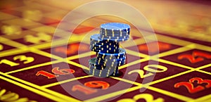 Close up of piles of chips on the roulette table