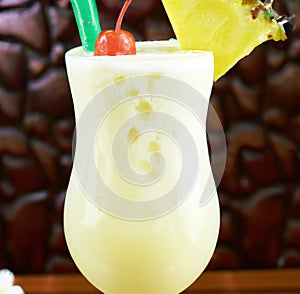 Close up of pina colada drink over blurred background created using generative ai technology