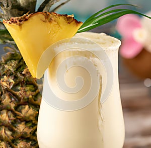 Close up of pina colada drink over blurred background created using generative ai technology