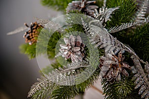 Close-up of a pine cone on a Christmas bokeh background, selective focus, blurred background, texture