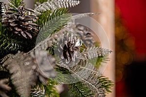 Close-up of a pine cone on a Christmas bokeh background, selective focus, blurred background, texture