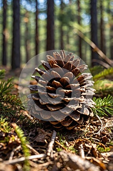 Pine Cone on Forest Floor in Sunlight, Nature Close Up View