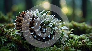 Frosted Pine Cone and Moss in a Forest: A Close-Up View