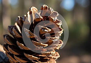 Close-up of a pine cone, showcasing its brown, woody scales with a textured surface. The cone is