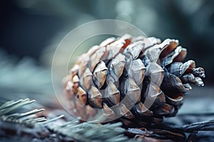 a close up of a pine cone on a table top