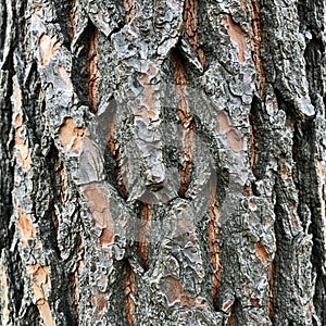 Close-up of pine tree bark featuring a rugged, textured surface with overlapping, rough