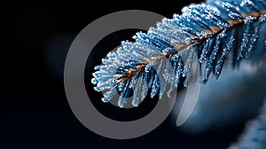 A close up of a pine tree branch covered in frost