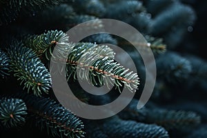 a close up of a pine tree branch with water droplets on it