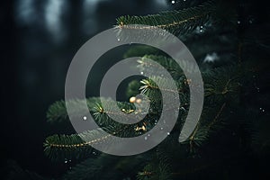 a close up of a pine tree with water droplets on it