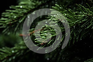 a close up of a pine tree with water droplets on it