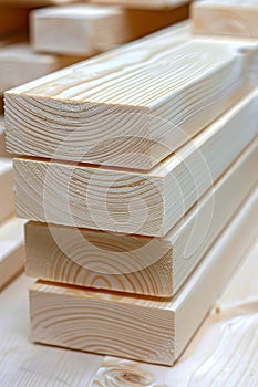 Close up of pine wood timber in industrial lumber setting, ideal for construction materials