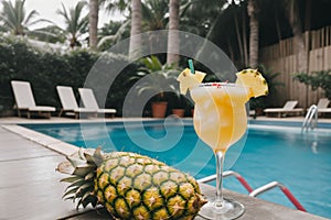 Close-up of a pineapple cocktail by a swimming pool