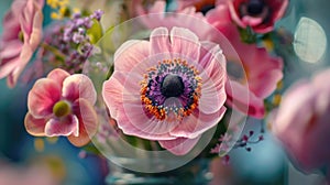 Close-up of pink anemone flowers with dewdrops