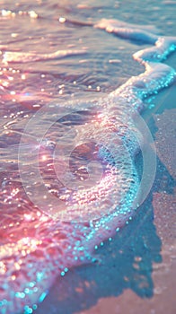 Close-up of pink and blue sparkly water waves at sunset