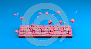 Close up pink computer keyboard damage and explosion