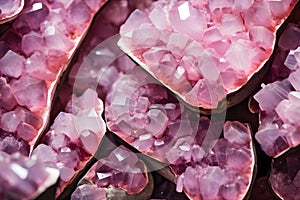 Close up of pink crystal geodes inside white rock