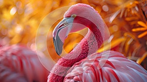 Close-up of a pink flamingo with a blurred background photo