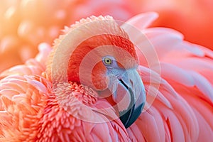 close up of a pink flamingo in its feathers