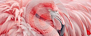 Close-up of a pink flamingo preening its feathers