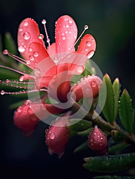 Close-up of pink flower with droplets of water on its leaves. These droplets are located near center of flower, and