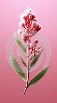 Close-up of pink flower with green leaves. It is positioned on top of pink background, creating an interesting contrast